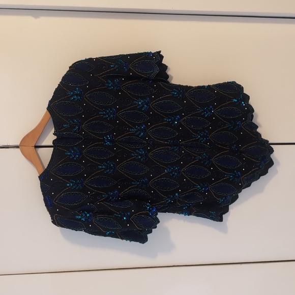Laurence Kazar Silk Black top with Blue Sequins - Picture 3 of 8